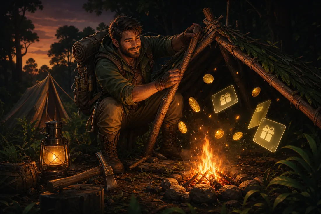 Original survivor building a camp by a fire with floating gift-card rewards